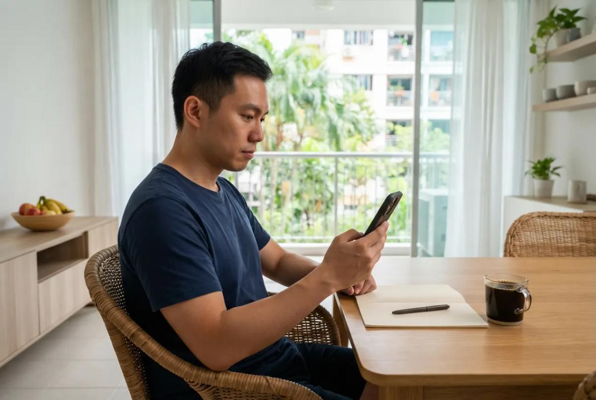 A man at his dining table at home in Singapore checking something on his phone, with a blank notepad and a mug of coffee beside him.