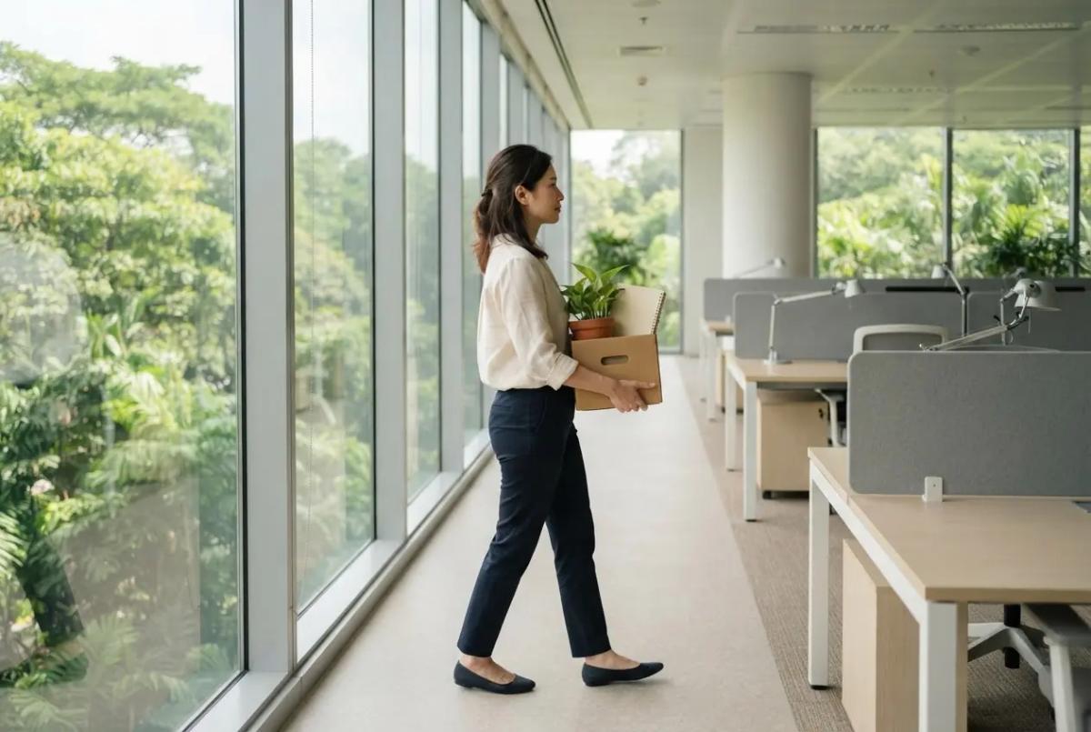 A woman carrying a small cardboard box of her desk belongings along a bright office corridor in Singapore, seen from the side as she leaves.