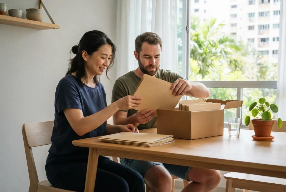 A couple at their kitchen table at home in Singapore putting plain folders of papers into a storage box together.