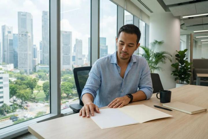 A man in a shirt and no tie sits at a desk in a Singapore office, weighing a plain folder in front of him with a mug and notebook beside it and the city towers visible through the window.
