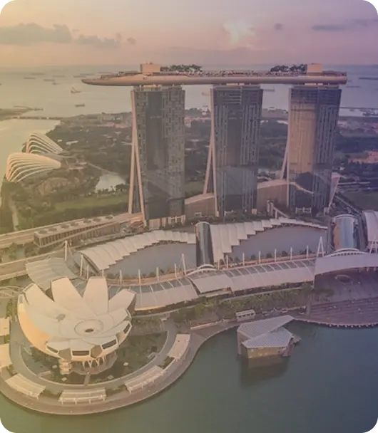 Marina Bay Sands and Gardens by the Bay from the air at sunset