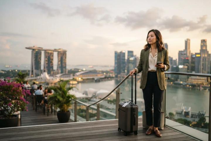 Professional woman with a suitcase overlooking the Marina Bay skyline, weighing Singapore vs Hong Kong PR