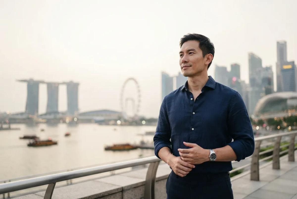 一位自信的专业人士站在滨海湾,身后是新加坡的天际线,展现出他定居并申请PR的意愿