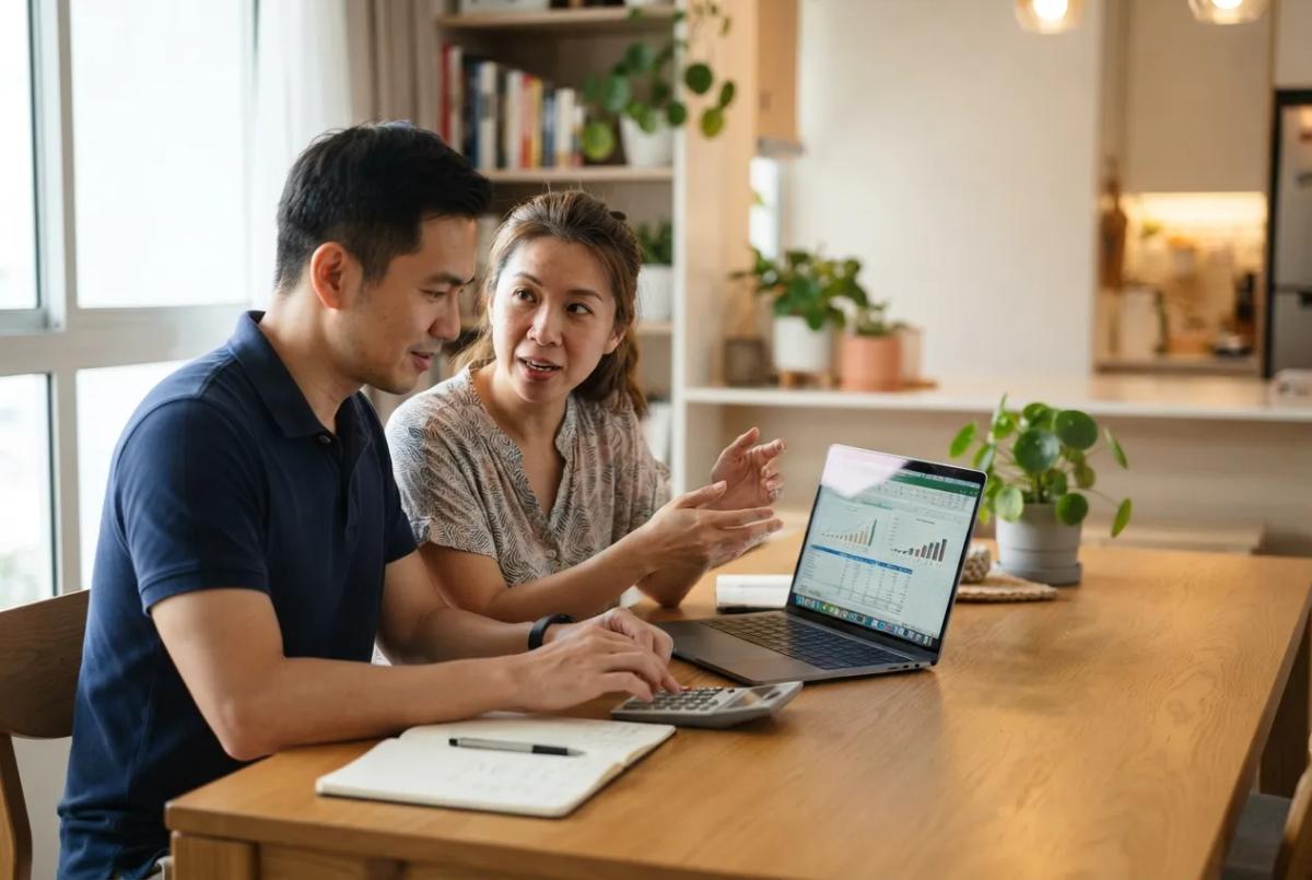 Couple planning a PR household healthcare budget in Singapore with a laptop and calculator