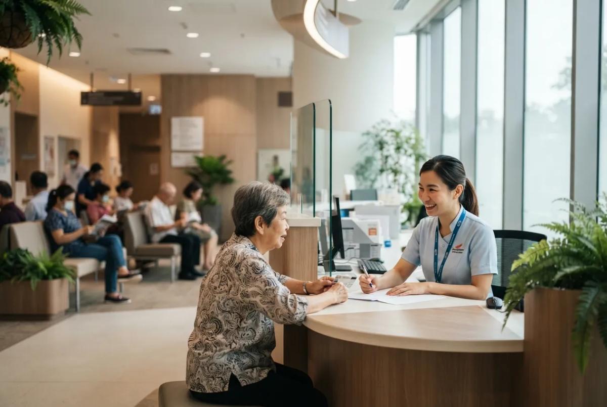 Patient assisted at a Singapore polyclinic reception counter, illustrating MediShield Life for PRs