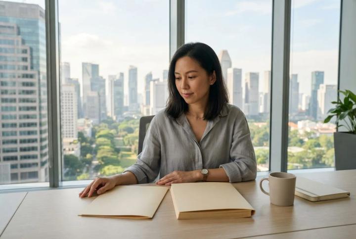 A woman in a smart-casual blouse sits at a desk in a Singapore office, looking between two plain folders, one slim and one thicker, with the city towers behind her.