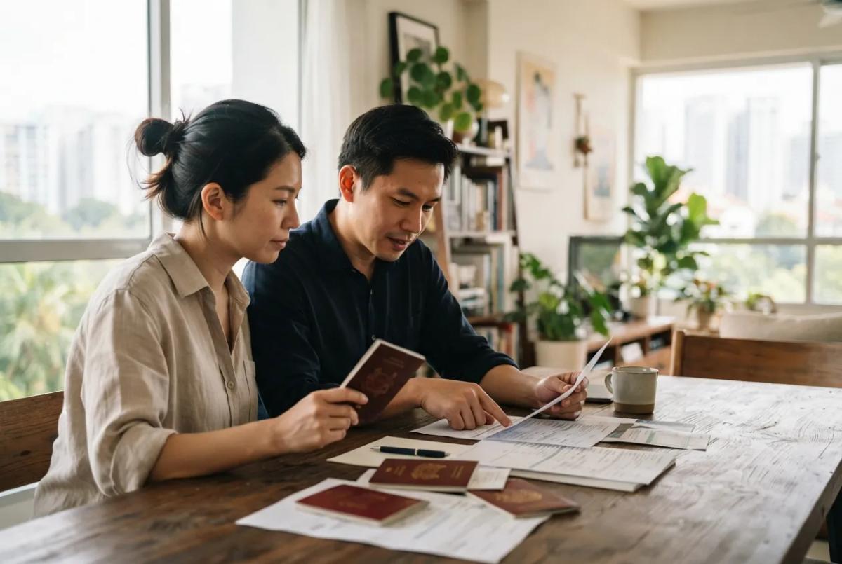 PR couple preparing passports and documents to convert a foreign driving licence in Singapore