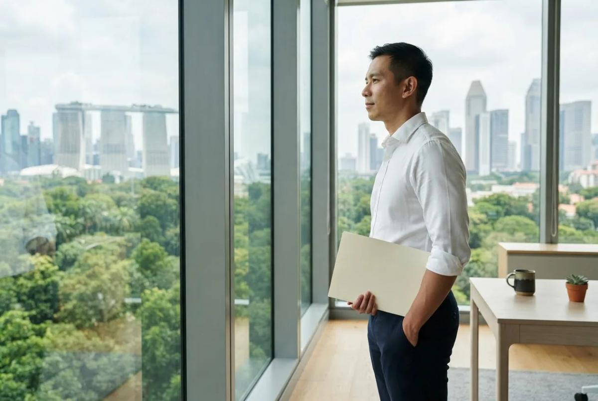 A man standing at a window in a Singapore office, a closed plain folder in one hand, looking out over the city as he decides what to do next.