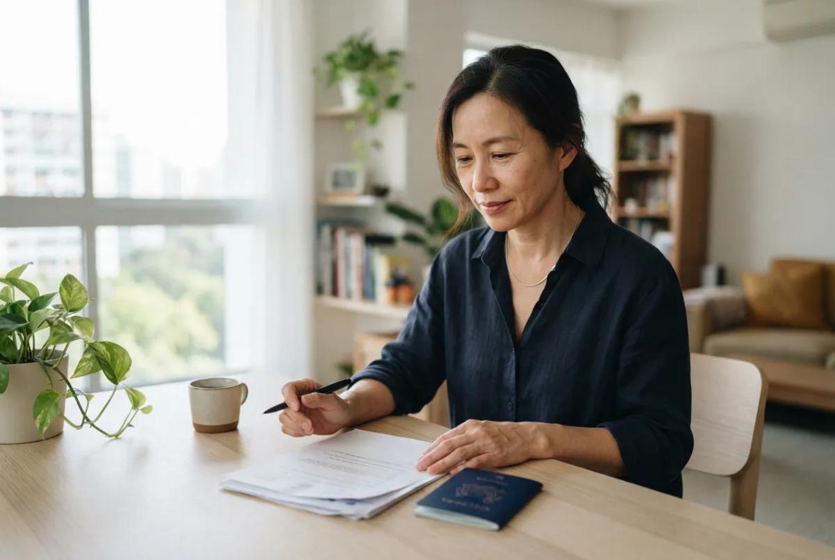 一名新加坡PR在现代化的HDB住宅的书桌前查看文件和护照，思考着自己的再入境许可证与PR身份。
