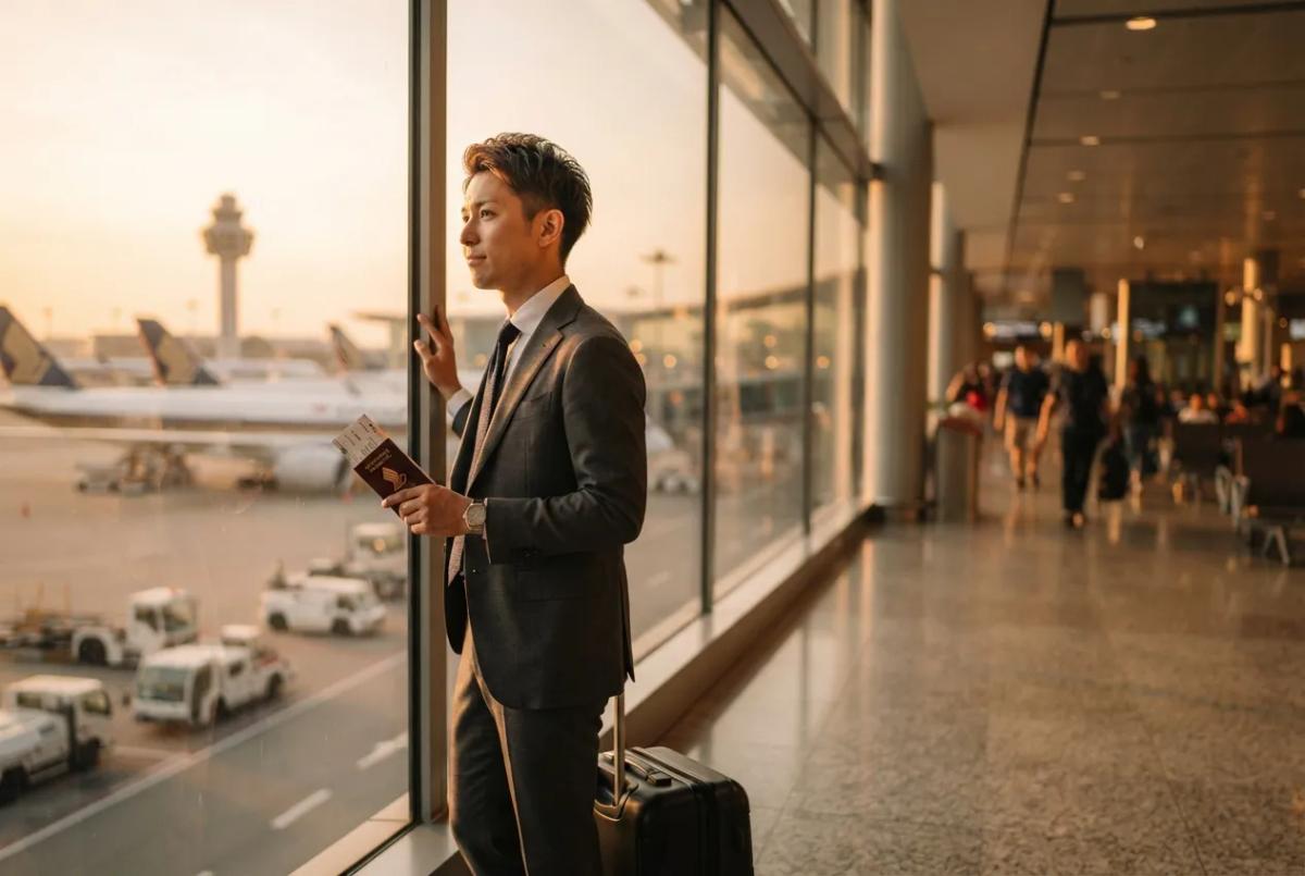 Foreign employee with passport and luggage at Changi Airport before tax clearance and Form IR21