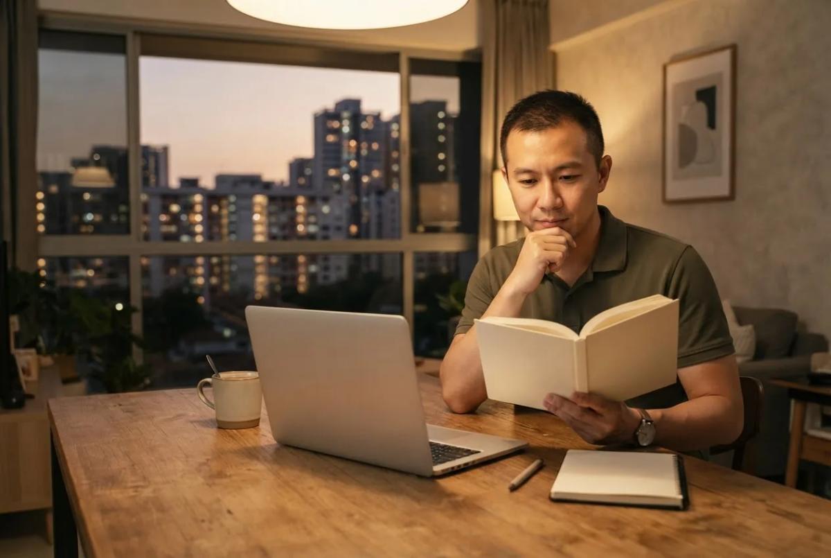 A man at a dining table in a Singapore apartment at dusk, reading through an open notebook next to his laptop, with lit residential blocks through the window behind him.