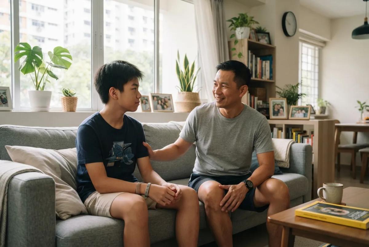 父亲与正值青春期的儿子在新加坡HDB客厅内交谈