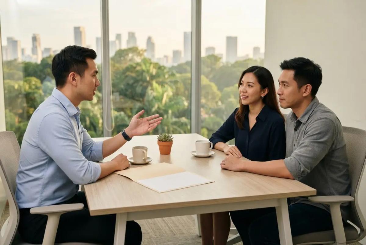 A consultant talking through a case with a couple across a meeting table in a bright Singapore office, an open folder of blank paper between them.