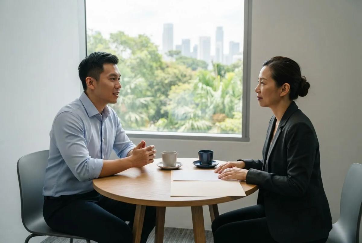 A man and a woman at a small meeting table in a Singapore office talking through a role change, a plain folder of blank papers open between them.