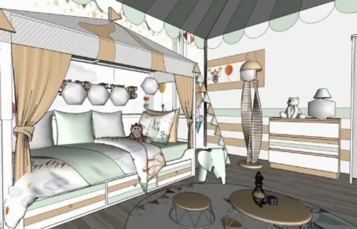 Chambre d'enfant modélisée dans SketchUp avec sa mise en couleurs