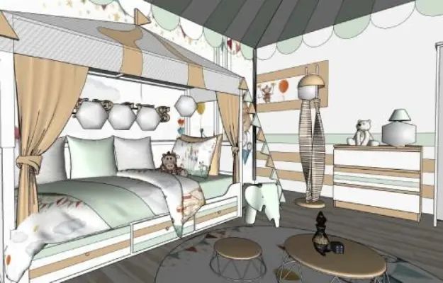 Rendu 3D SketchUp d'une chambre d'enfant réalisé en formation