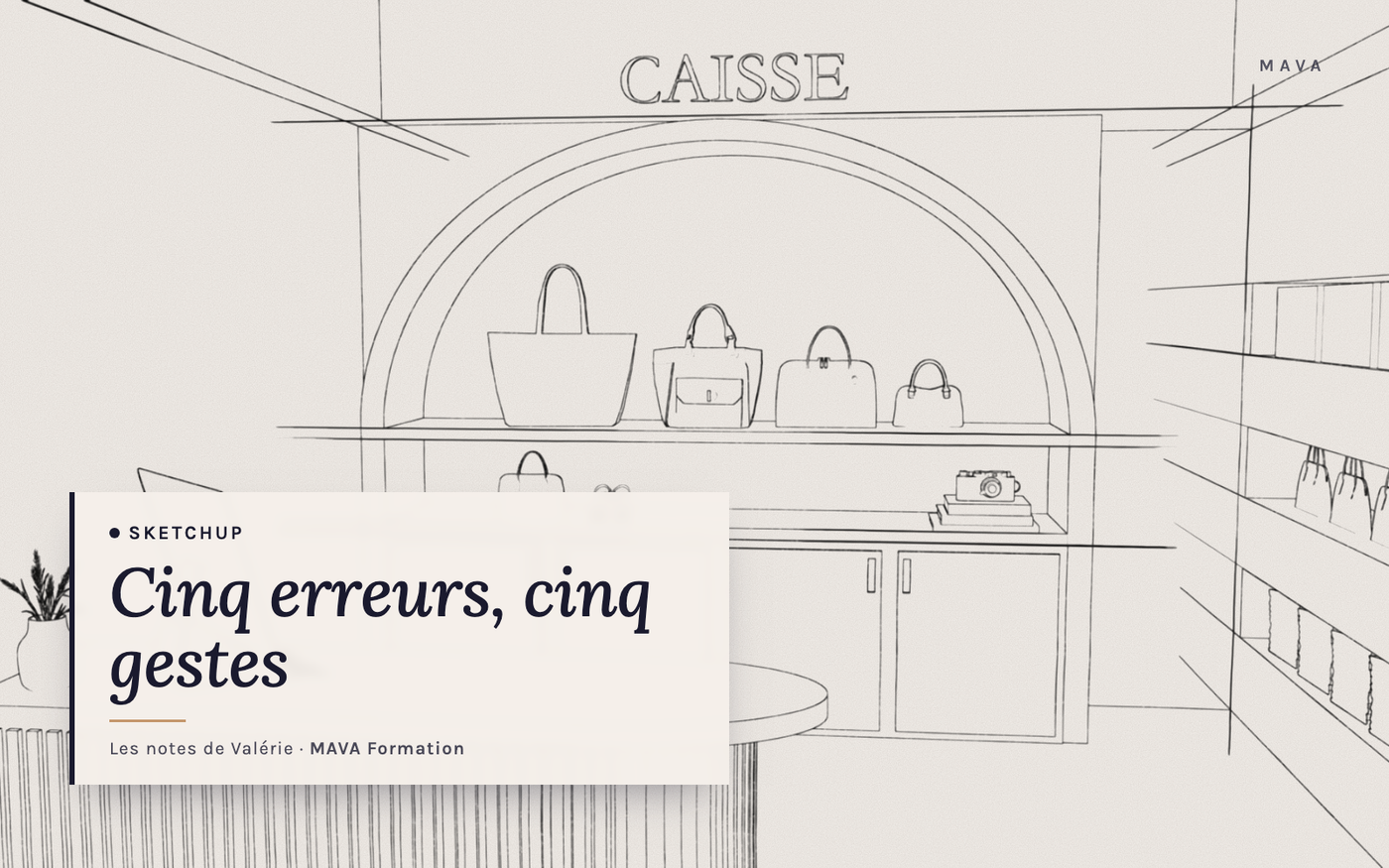 Modèle SketchUp au trait d'un comptoir de boutique, vue en perspective