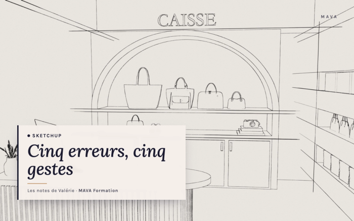Modèle SketchUp au trait d'un comptoir de boutique, vue en perspective