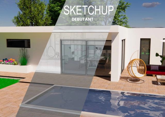 Rendu 3D SketchUp d'une villa avec piscine, projet d'équipe