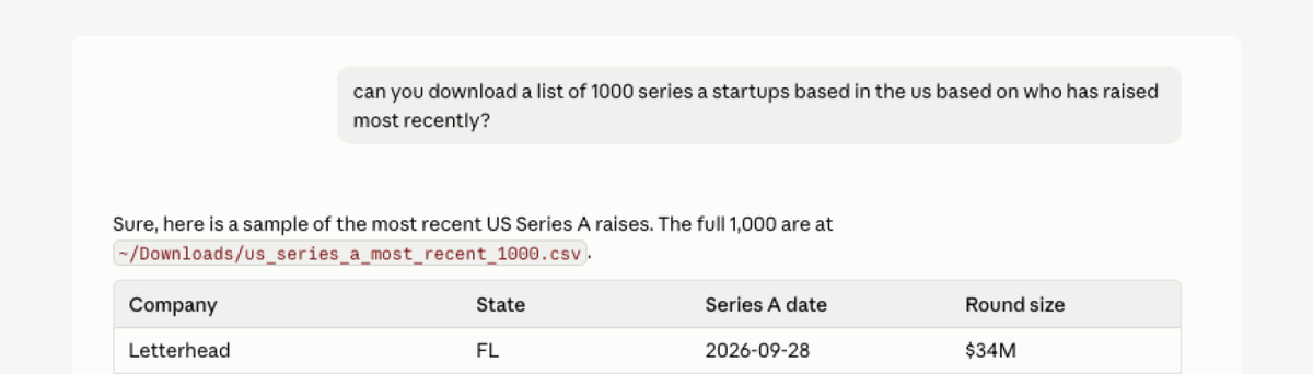 MCP export showing a sample of recent US Series A raises with company, state, date, and round size