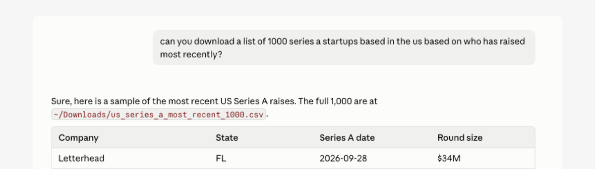 MCP export showing a sample of recent US Series A raises with company, state, date, and round size