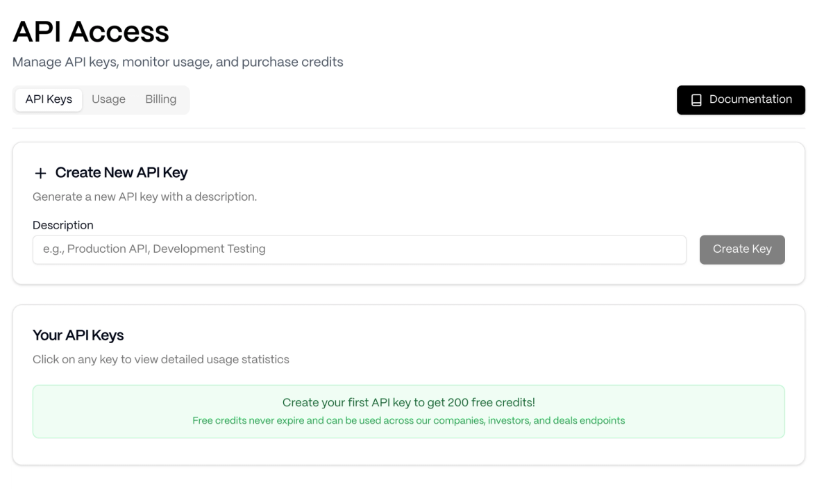 Fundable API Access dashboard — manage API keys, usage, and credits