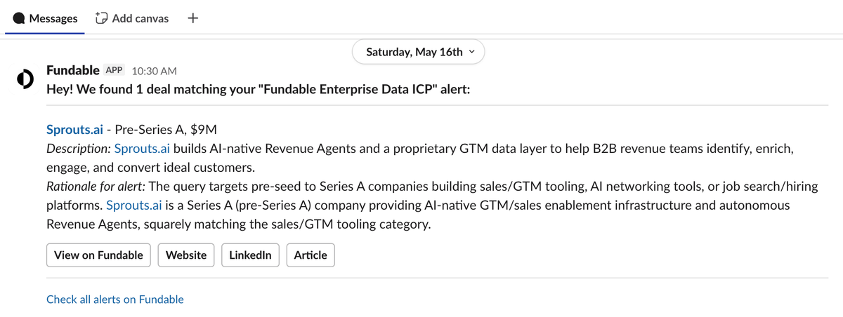 Fundable deal alert delivered in a Slack channel