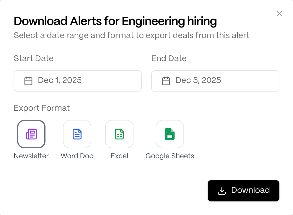 Export dialog for downloading deal alerts to Excel or Sheets