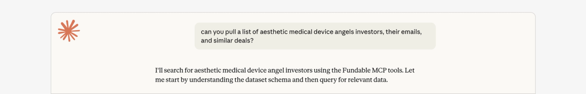 Claude querying Fundable's MCP for aesthetic medical-device angel investors