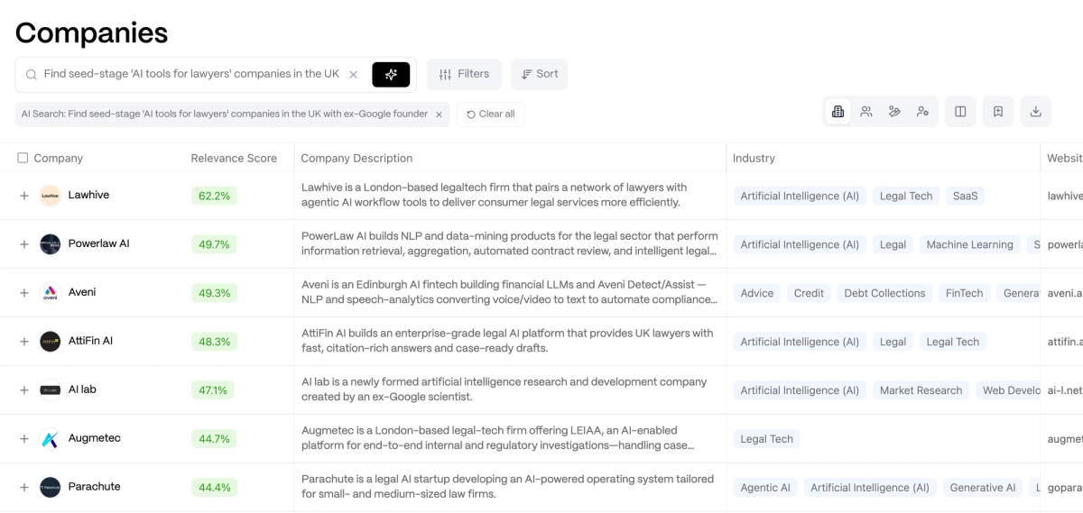 Company search results for seed-stage AI legal-tech companies in the UK