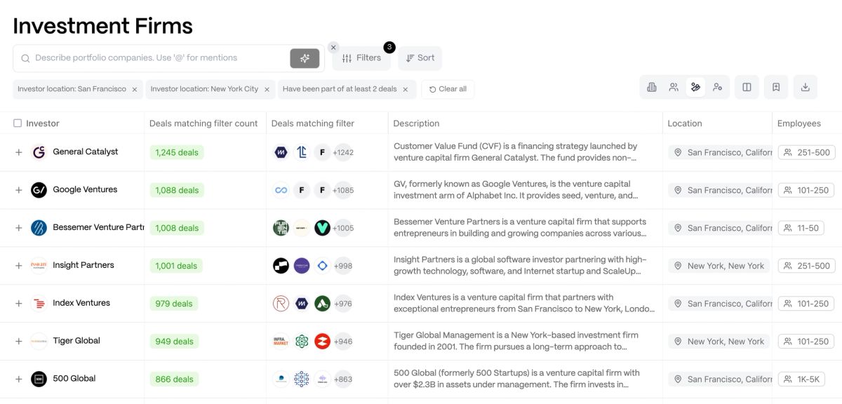 Investor search results showing investment firms ranked by matching deals