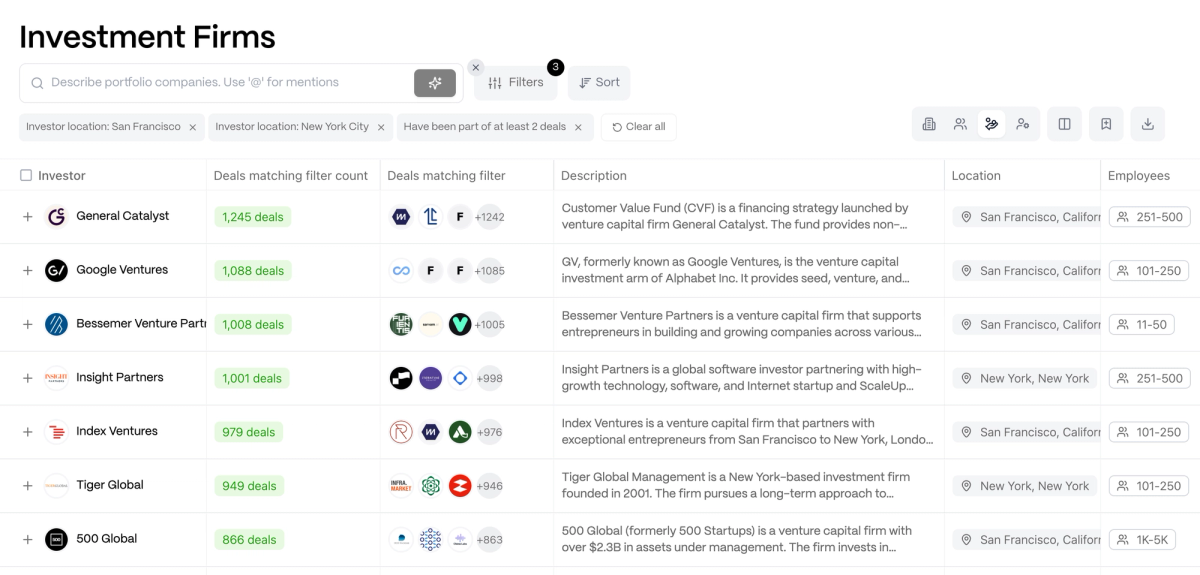 Investor search results showing investment firms ranked by matching deals