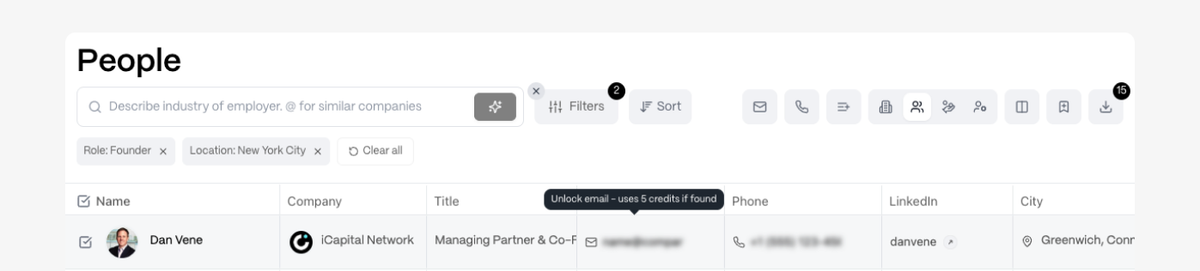 People search results with role and location filters, showing names, companies, and contact information