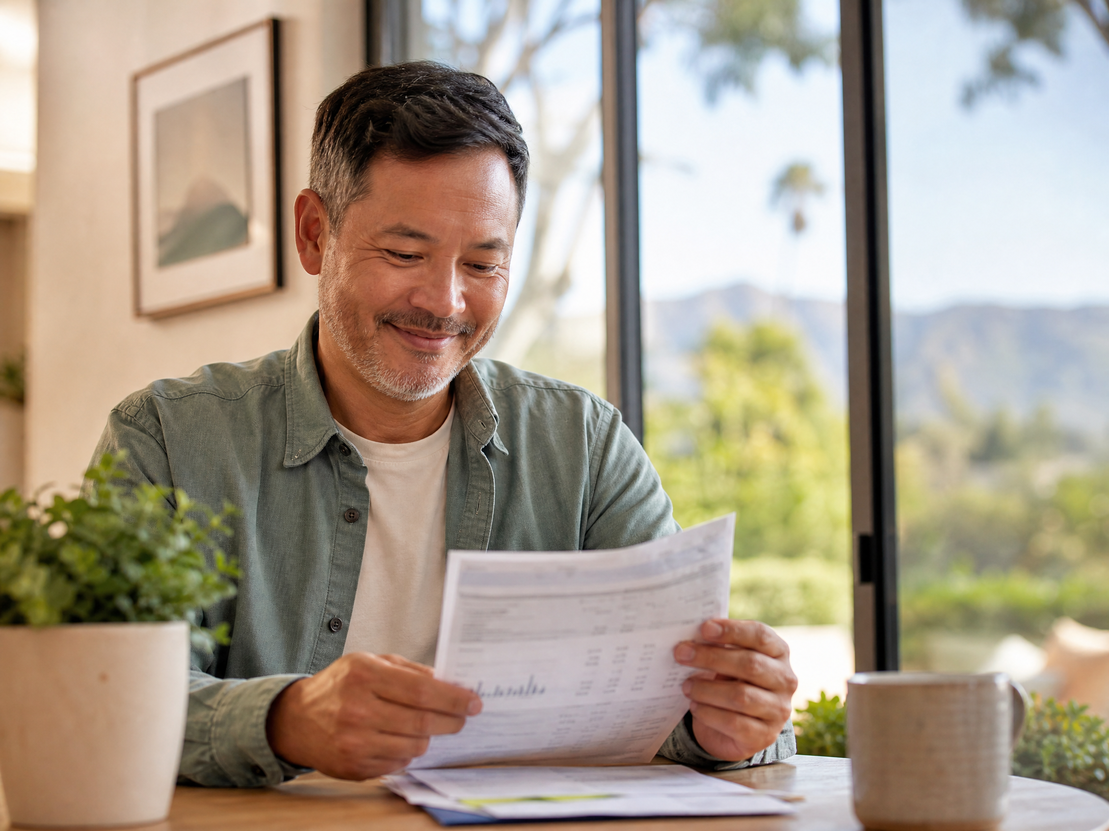 Homeowner reviewing lower utility bills thanks to energy-efficient windows in their Los Angeles home