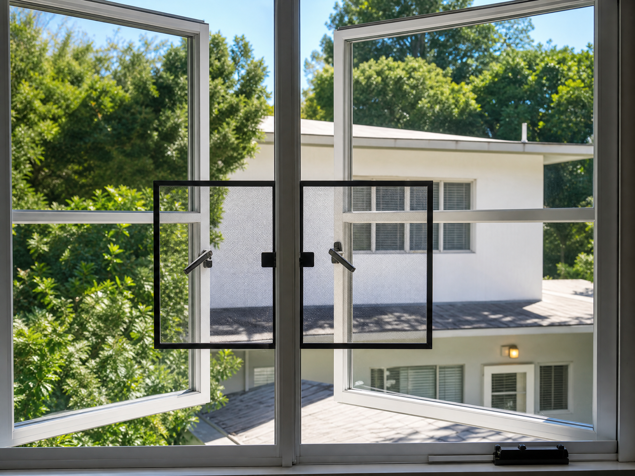 Open window with custom screen frames showing view of trees and neighboring home