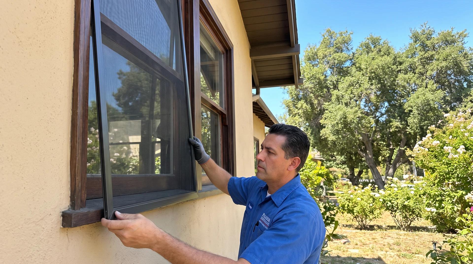 Professional window screen repair technician working on a craftsman home in Pasadena, CA
