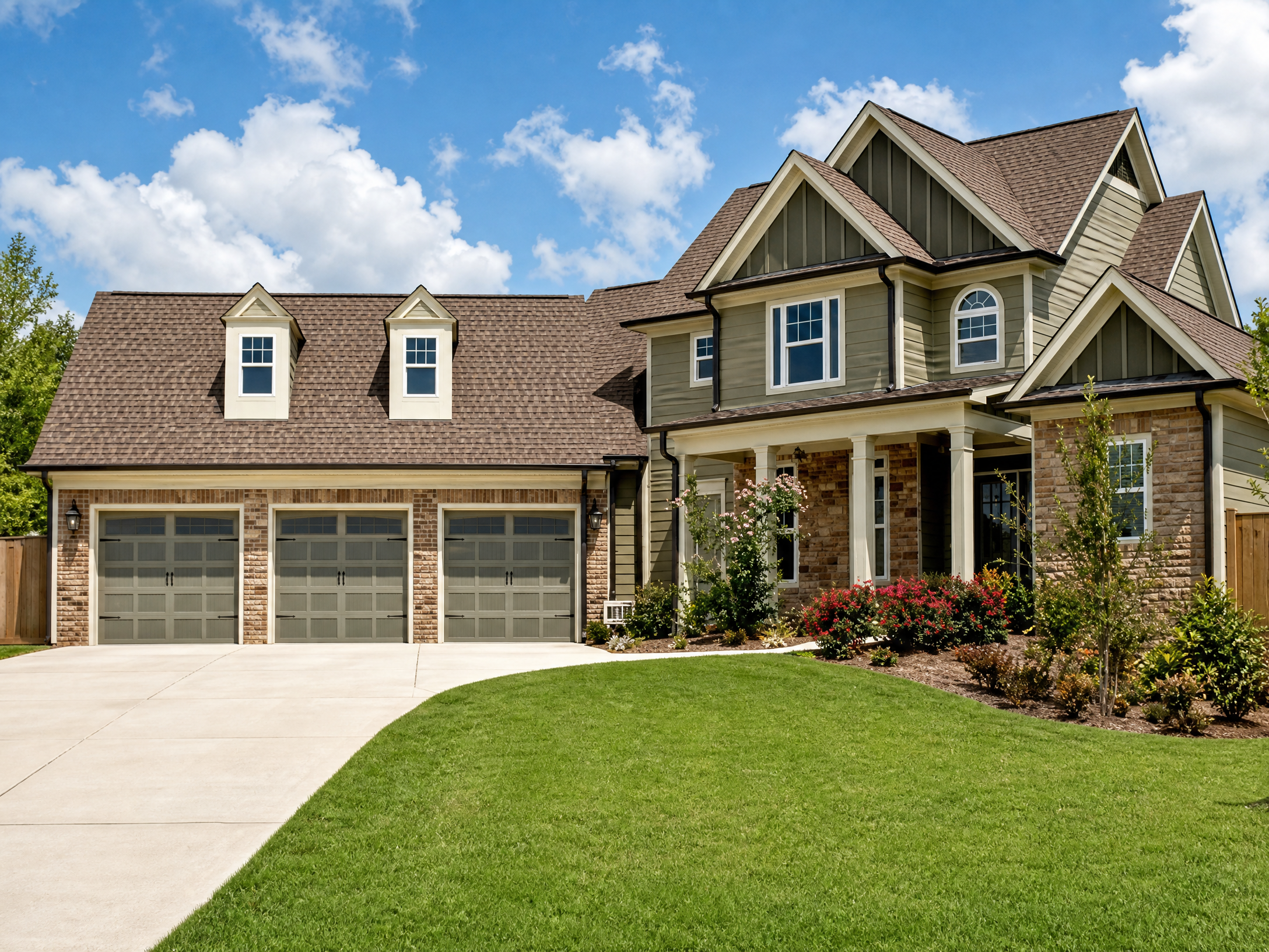 Large suburban house with a two-car garage and window screens installed