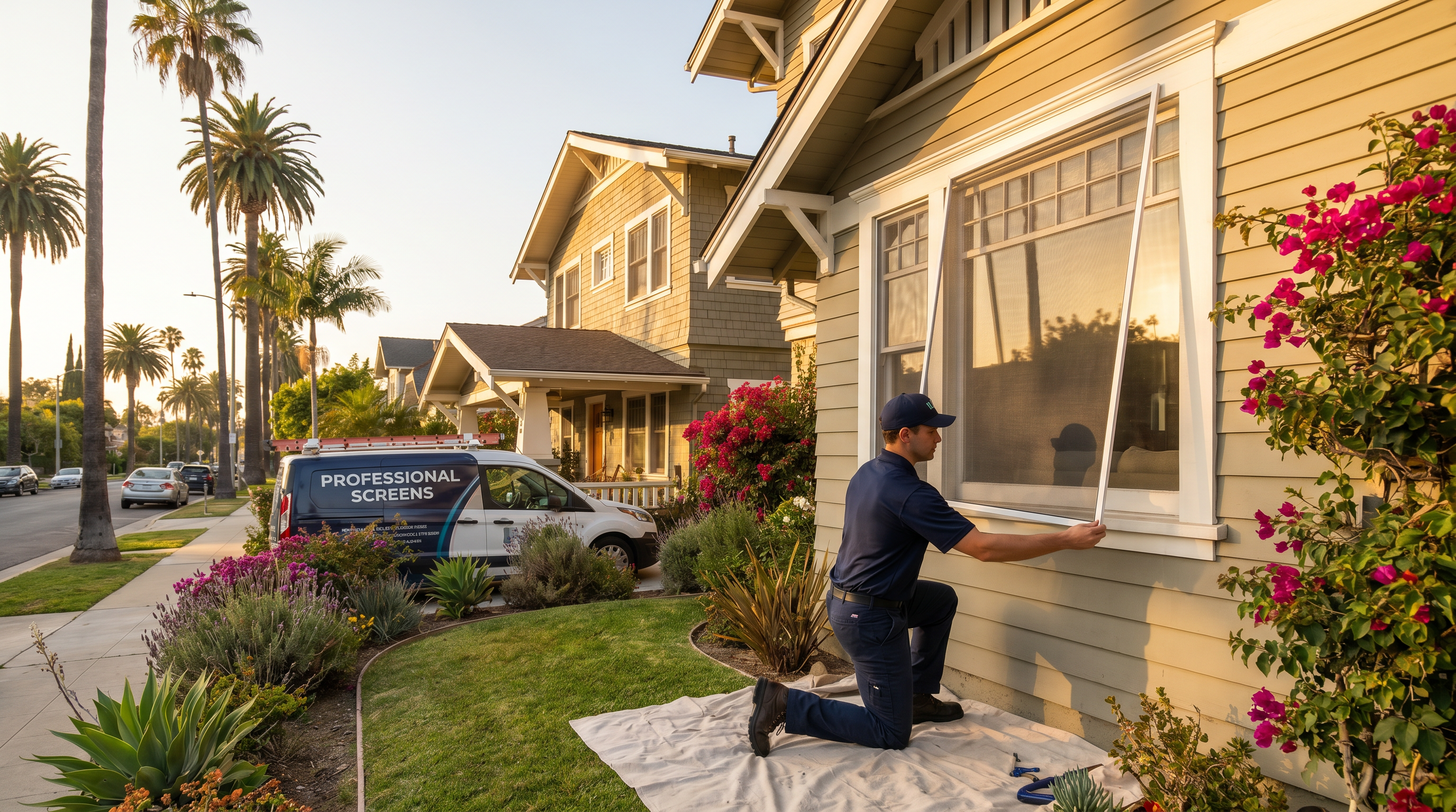 Professional screen technician installing custom window screens on a Los Angeles residential home