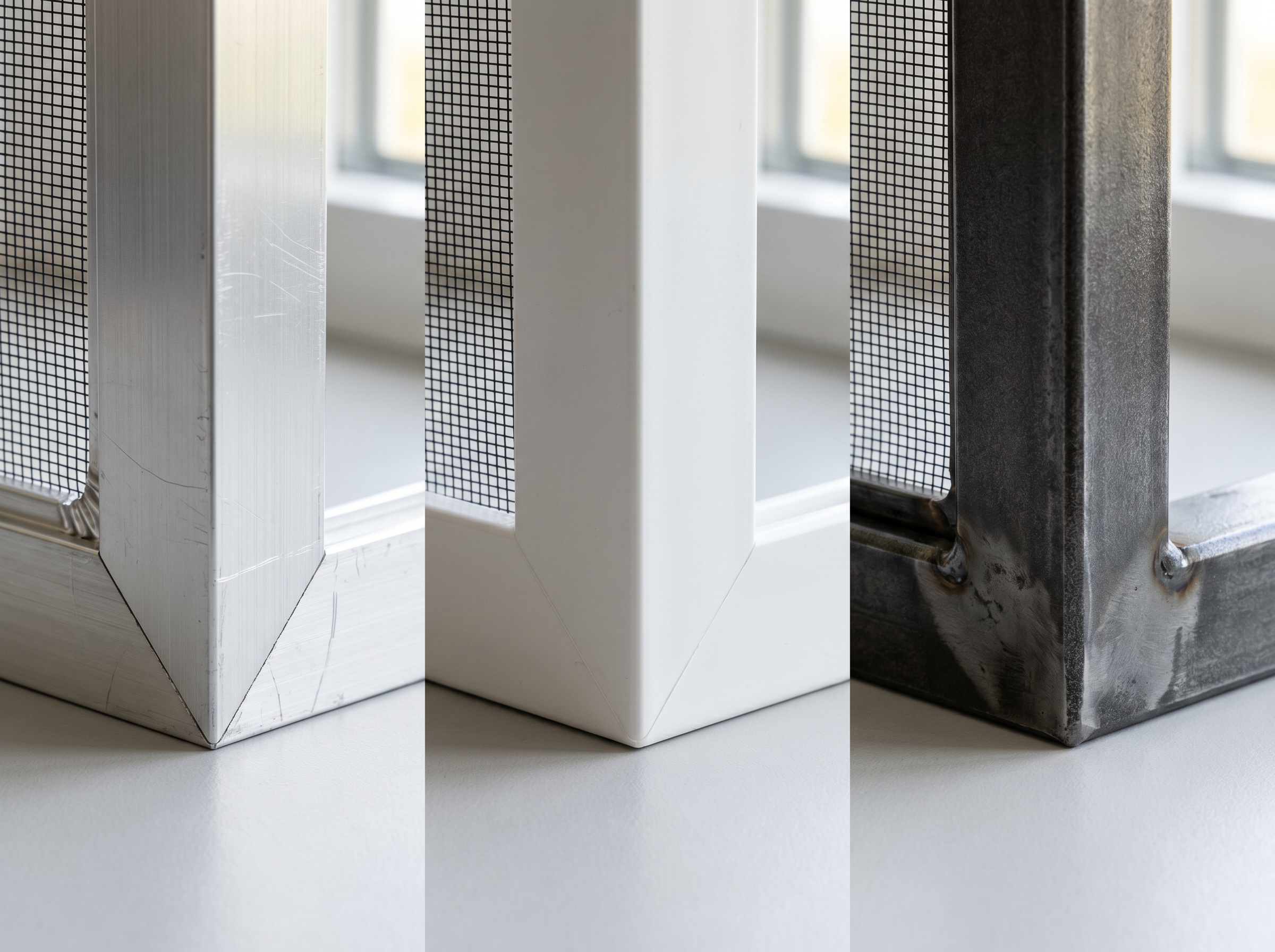 Window screen frame corner details in different materials: aluminum, vinyl, and steel arranged for comparison