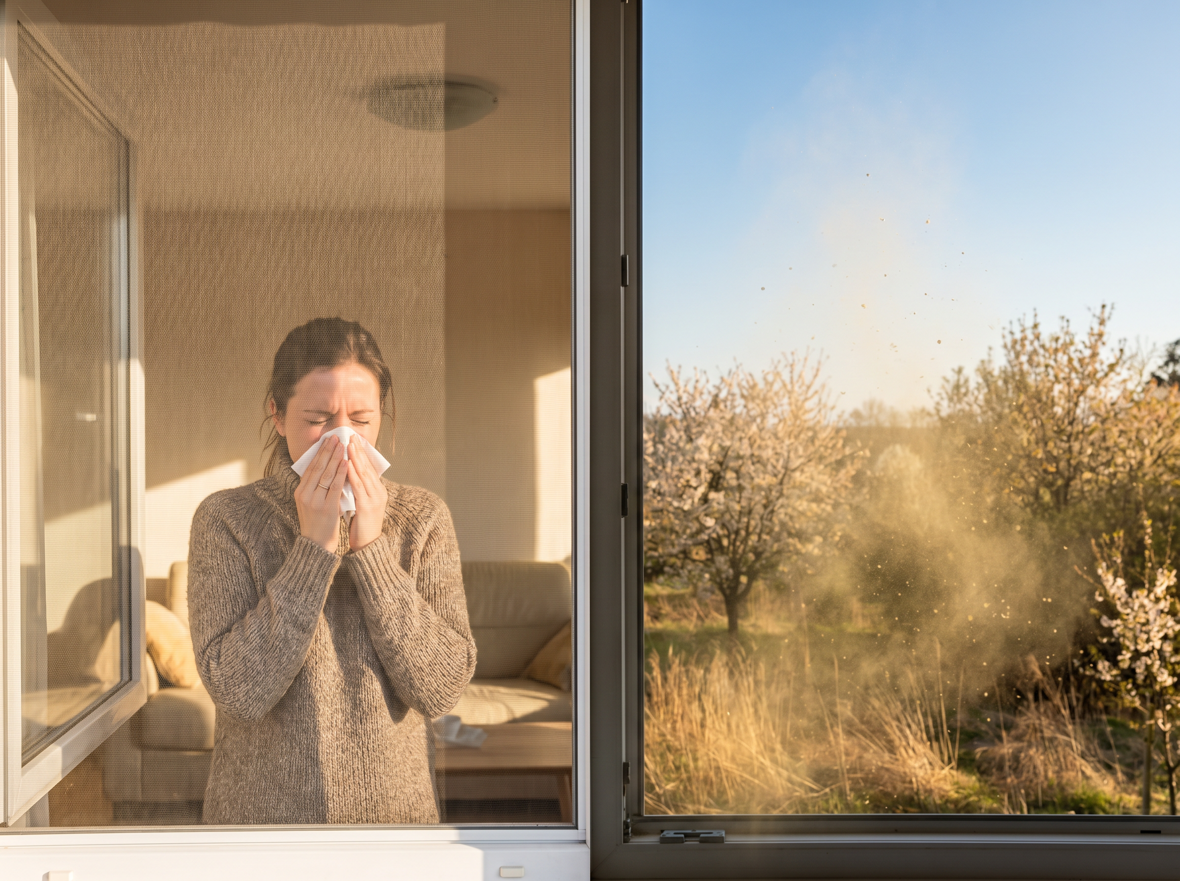 Person near an open window showing the contrast between pollen-filled outdoor air and the clean indoor environment protected by a fine mesh screen