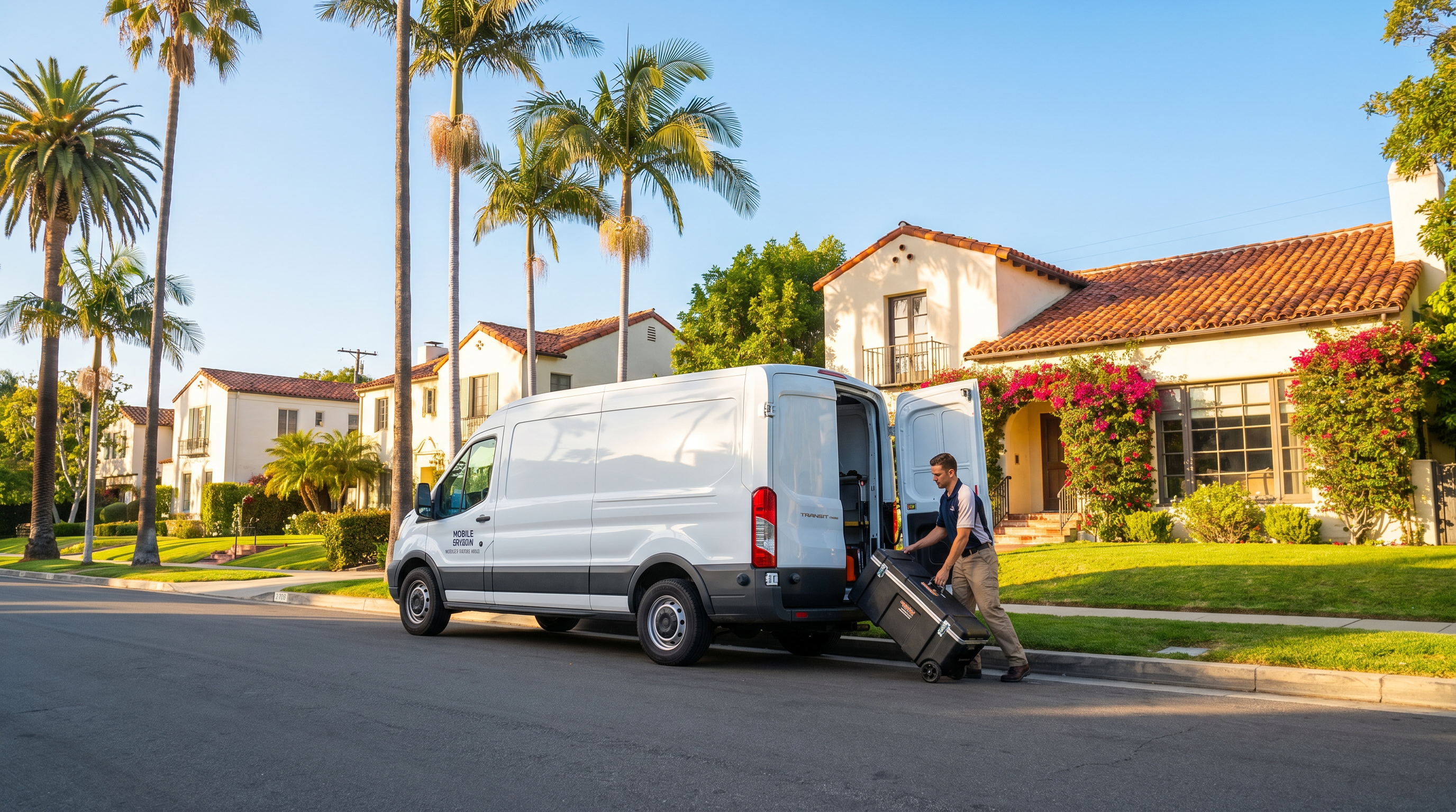 Screen Masters mobile service van parked in front of a California home ready to provide on-site screen service