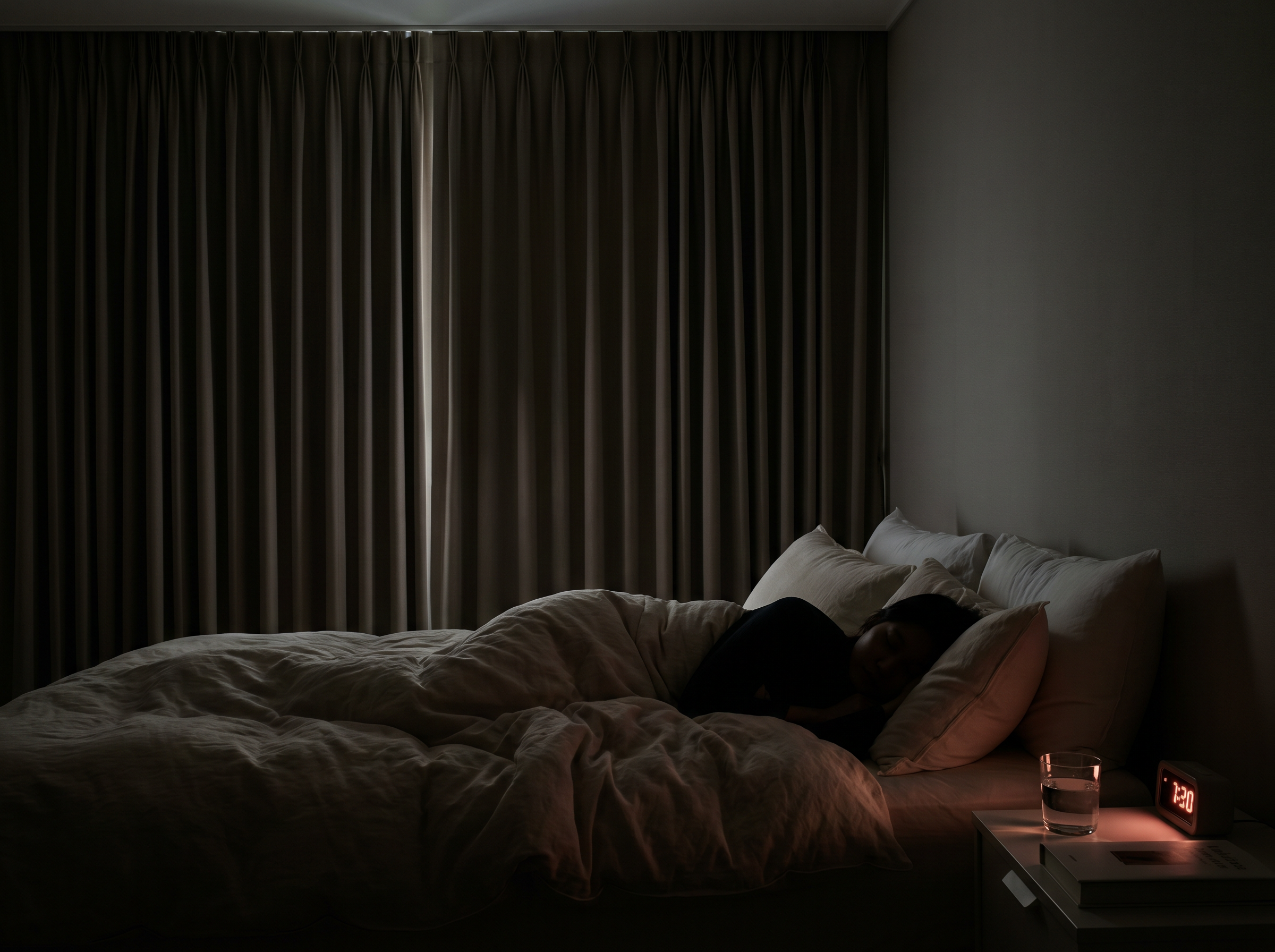 Person sleeping peacefully in a perfectly dark bedroom with blackout shades fully closed