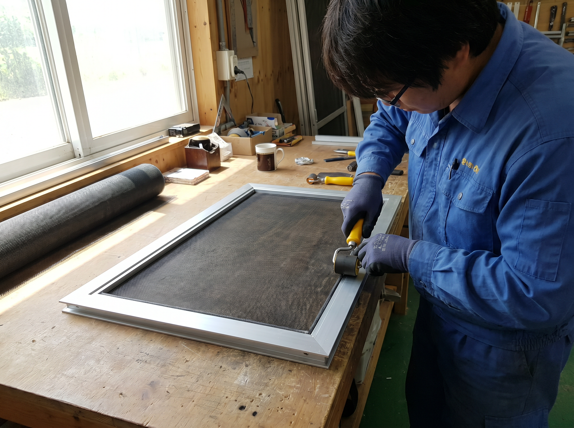 Professional screen technician using a spline roller to install new screen mesh into an aluminum window screen frame