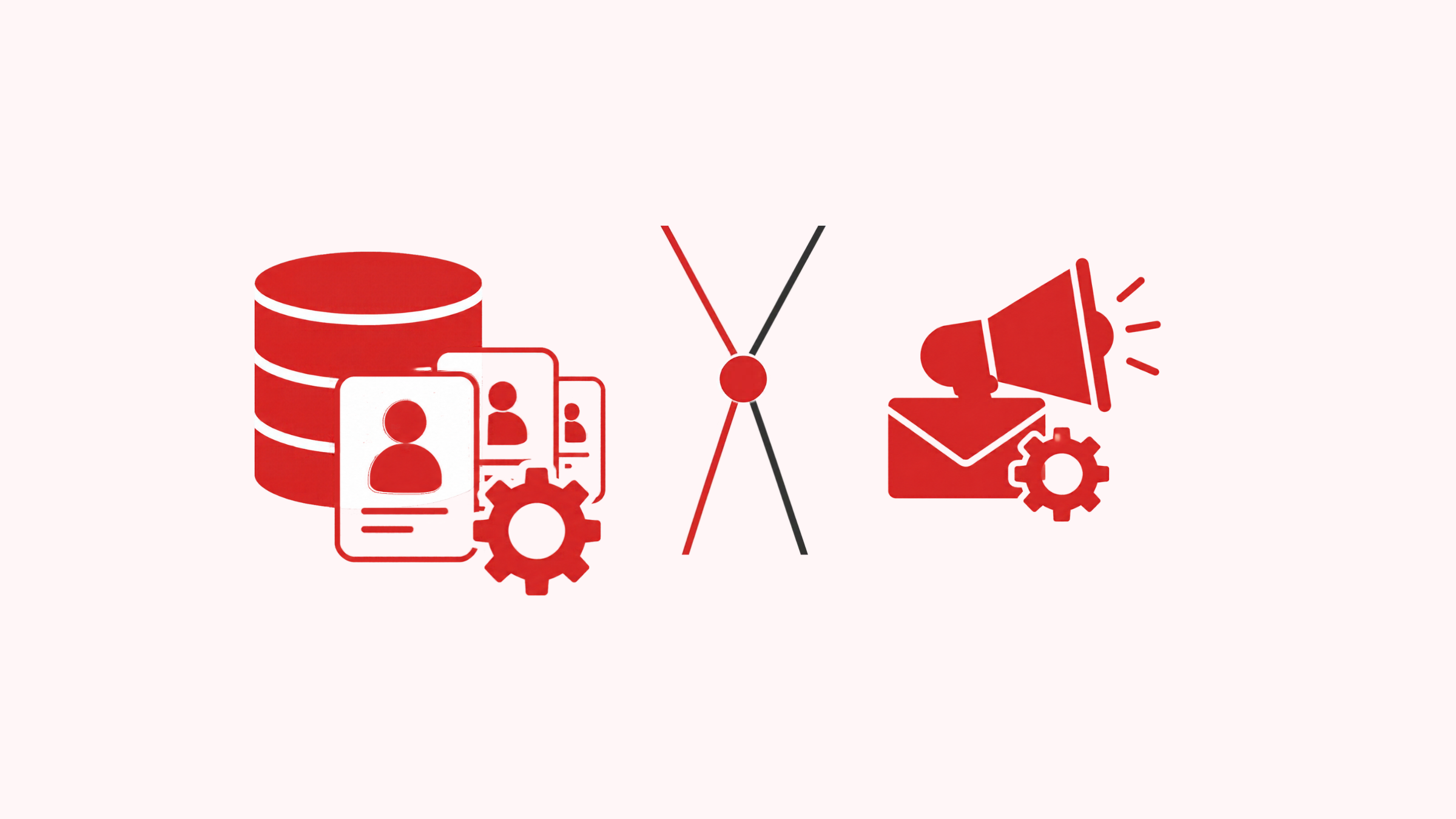CRM automation vs marketing automation: database with contact cards and gear beside a megaphone and email with gear.