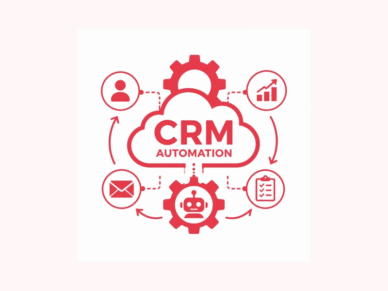 Icon showing a cloud labeled "CRM Automation" connected by arrows to icons for a person, a growth chart, a checklist, and an email, with a robot inside a gear below representing the automation engine