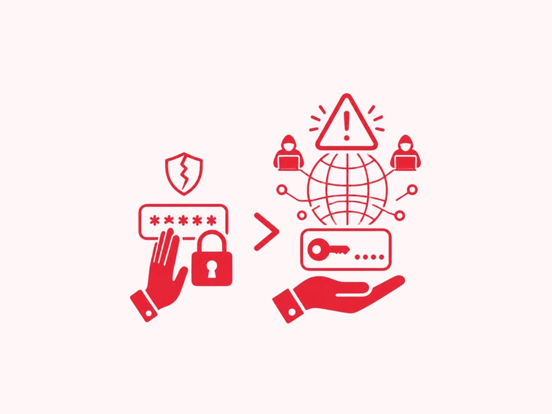 Icon contrasting a hand blocking a padlocked password on the left with a hand freely offering an API key toward a globe surrounded by hooded hackers and a warning triangle on the right, showing the API key as the greater risk