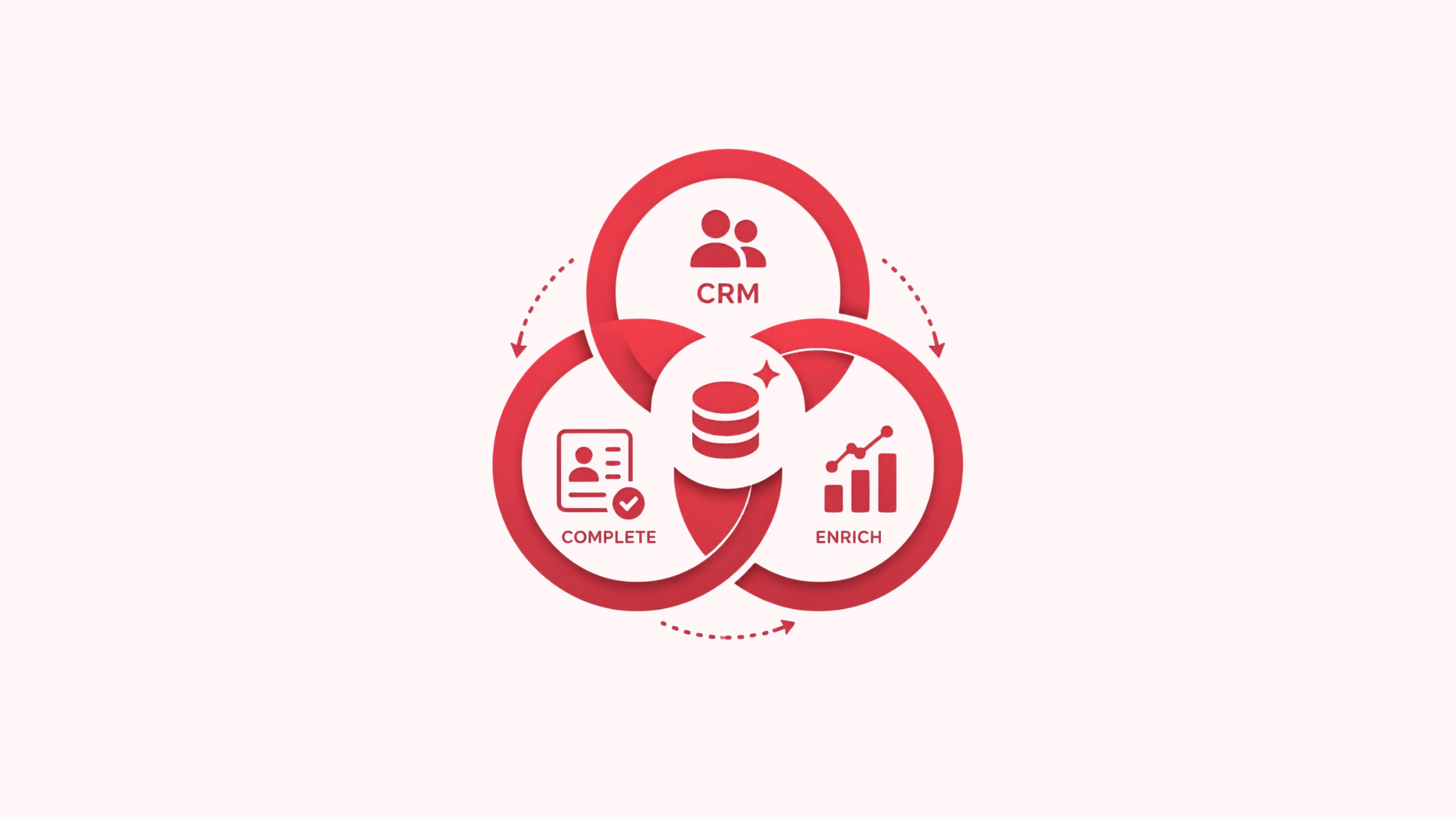 Icon showing three overlapping circles labeled "CRM," "Complete," and "Enrich," connected by directional arrows around a central database symbol, representing the CRM data enrichment cycle