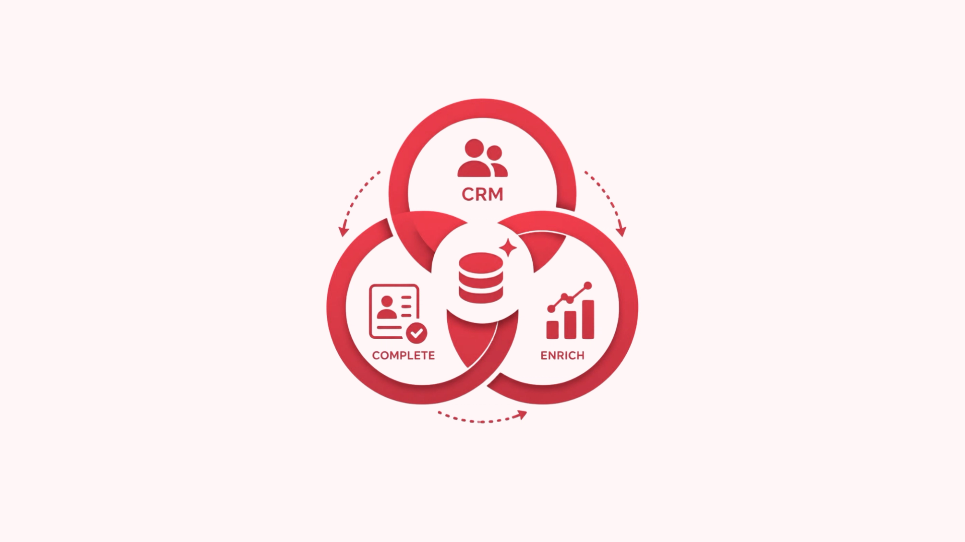 Icon showing three overlapping circles labeled "CRM," "Complete," and "Enrich," connected by directional arrows around a central database symbol, representing the CRM data enrichment cycle