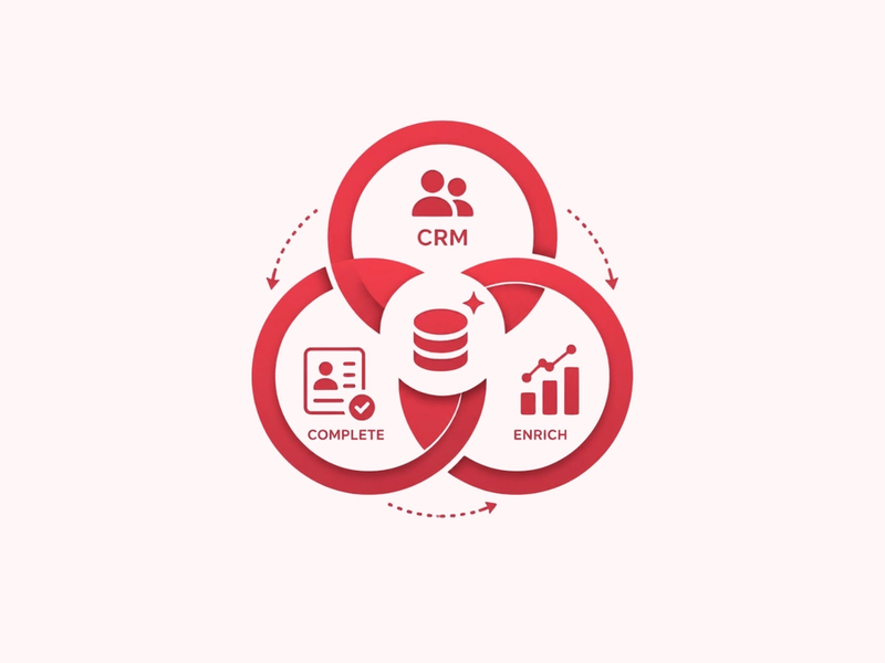 Icon showing three overlapping circles labeled "CRM," "Complete," and "Enrich," connected by directional arrows around a central database symbol, representing the CRM data enrichment cycle
