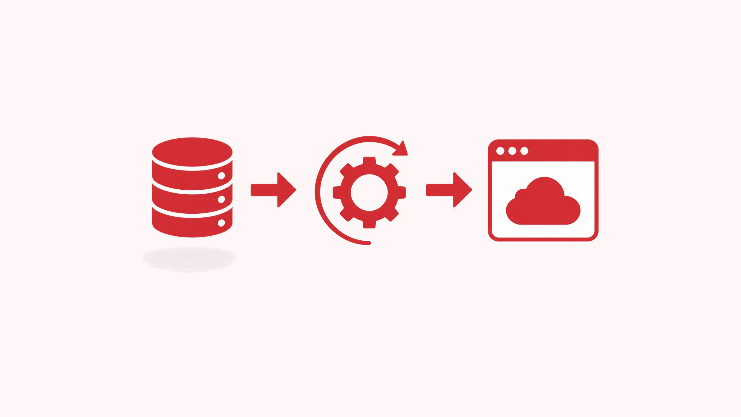 Red icons showing CRM automation: a database, an arrow to a gear with a sync arrow, and another arrow to a cloud app window, representing CRM data updating automatically without manual entry.